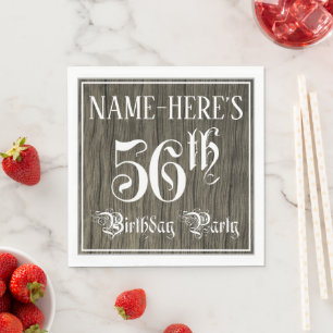 56th Birthday Party — Fancy Script, Faux Wood Look Napkin