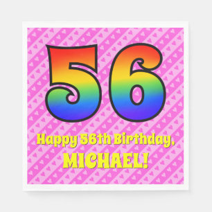 56th Birthday: Pink Stripes & Hearts, Rainbow # 56 Napkin