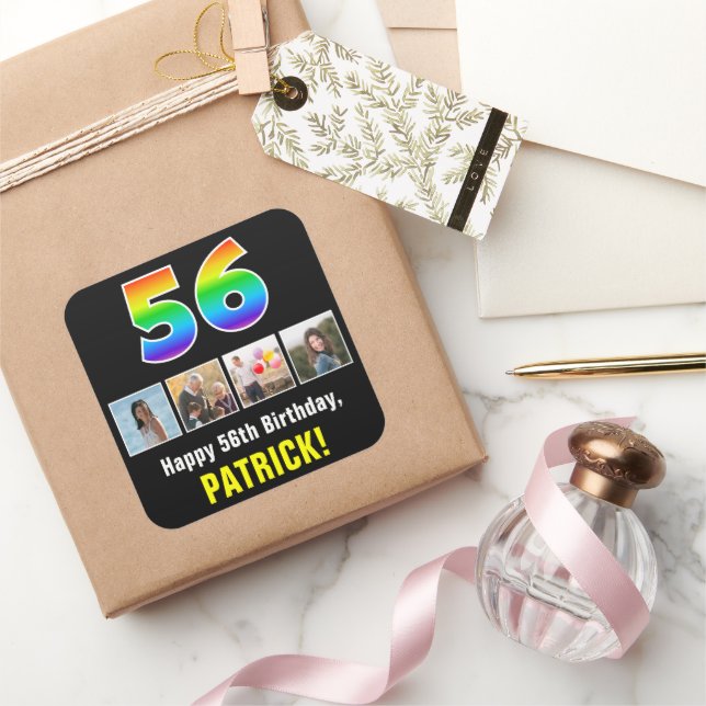 56th Birthday: Rainbow “56”; Custom Photos & Name Square Sticker (Gifting)