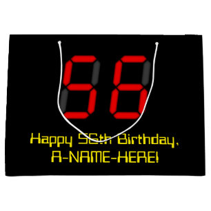 56th Birthday: Red Digital Clock Style "56" + Name Large Gift Bag