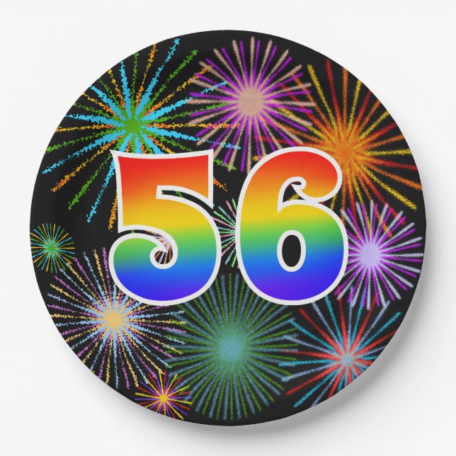 56th Event - Fun, Colourful, Bold, Rainbow 56 Paper Plate (Front)