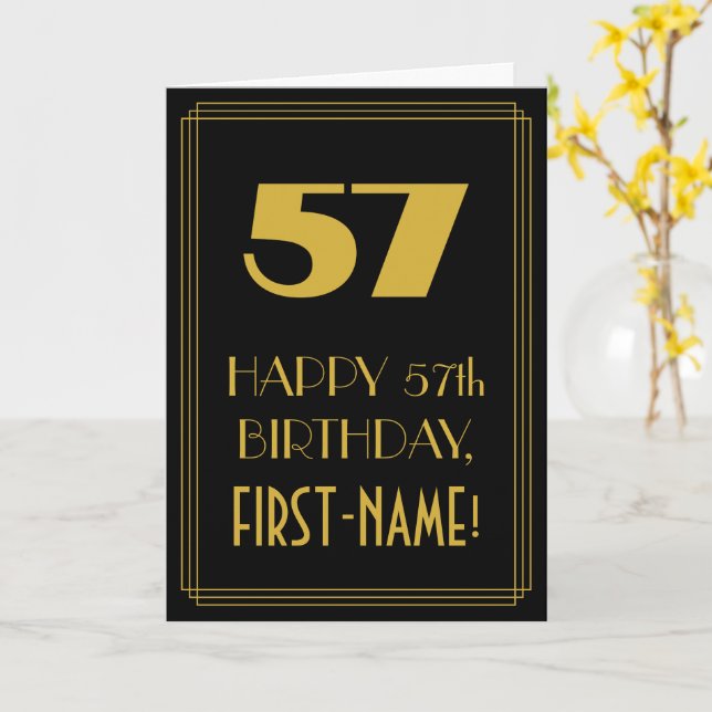 57th Birthday – Art Deco Inspired Look "57" & Name Card (Yellow Flower)