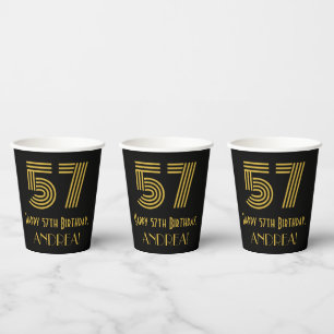 57th Birthday: Art Deco Inspired Look “57” & Name Paper Cups