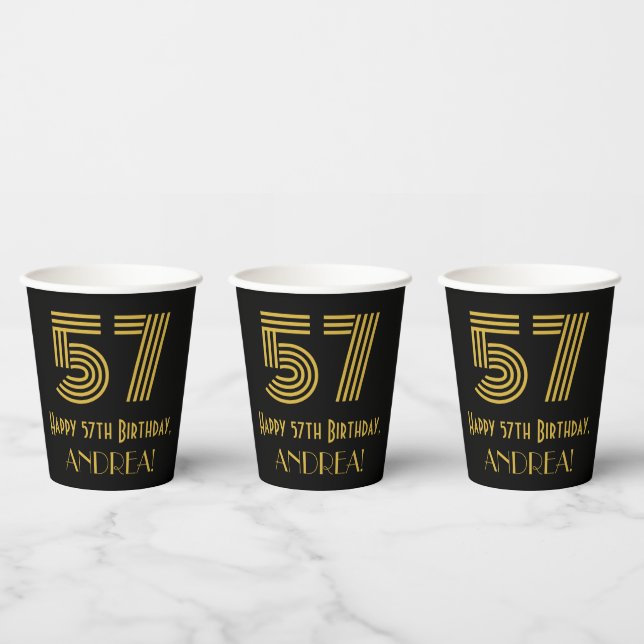 57th Birthday: Art Deco Inspired Look “57” & Name Paper Cups (Multi)