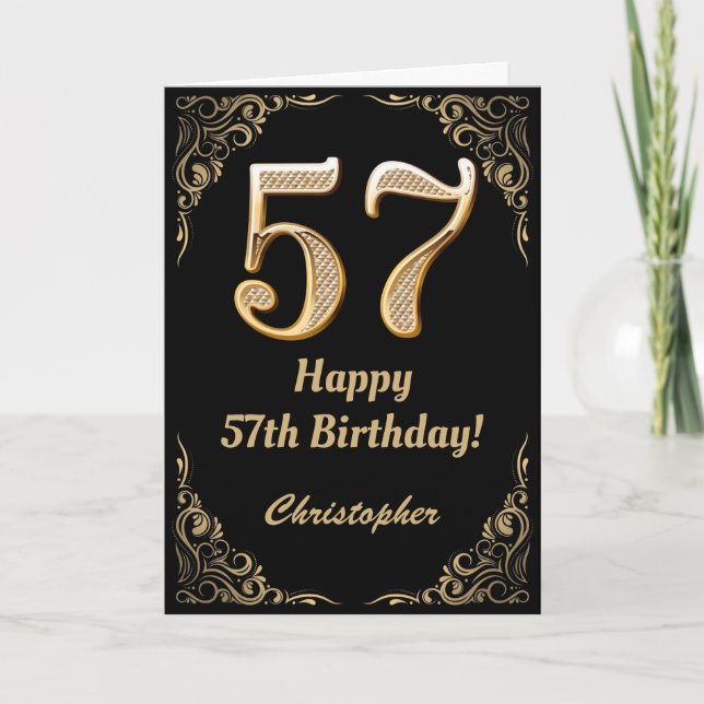 57th Birthday Black and Gold Glitter Frame Card (Front)