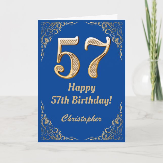57th Birthday Blue and Gold Glitter Frame Card (Front)