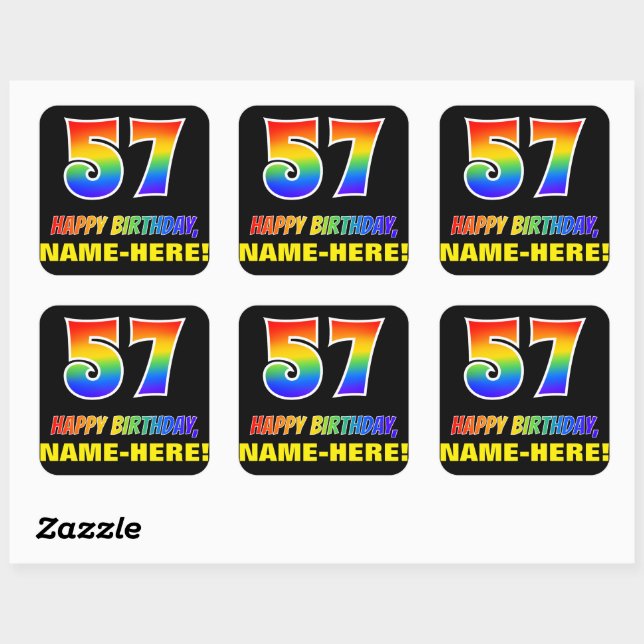 57th Birthday: Bold, Fun, Simple, Rainbow 57 Square Sticker (Sheet)
