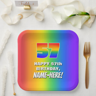 57th Birthday: Colourful, Fun Rainbow Pattern # 57 Paper Plate