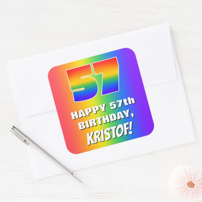 57th Birthday: Colourful, Fun Rainbow Pattern # 57 Square Sticker (Envelope)