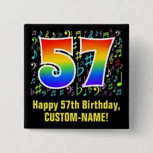 57th Birthday: Colourful Music Symbols, Rainbow 57 2 Inch Square Button