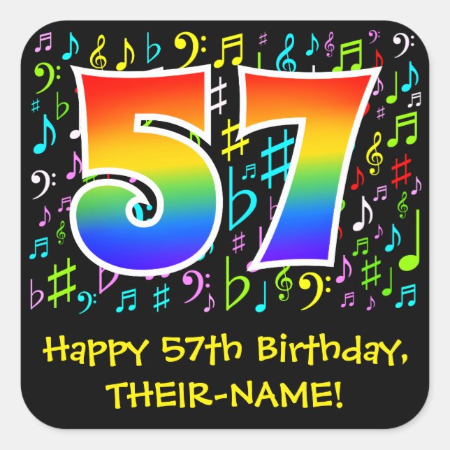 57th Birthday: Colourful Music Symbols, Rainbow 57 Square Sticker (Front)