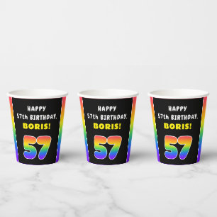 57th Birthday: Colourful Rainbow # 57, Custom Name Paper Cups