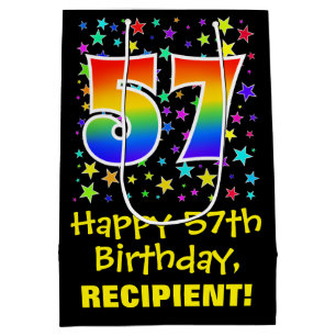57th Birthday: Colourful Stars Pattern & Rainbow 5 Medium Gift Bag