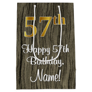 57th Birthday: Elegant Faux Gold Look #, Faux Wood Medium Gift Bag