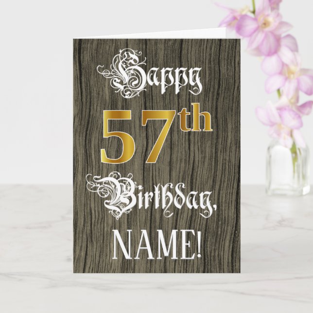 57th Birthday: Faux Gold Look + Faux Wood Pattern Card (Orchid)