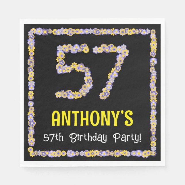57th Birthday: Floral Flowers Number, Custom Name Napkin (Front)
