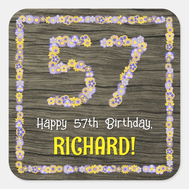 57th Birthday: Floral Number, Faux Wood Look, Name Square Sticker (Front)