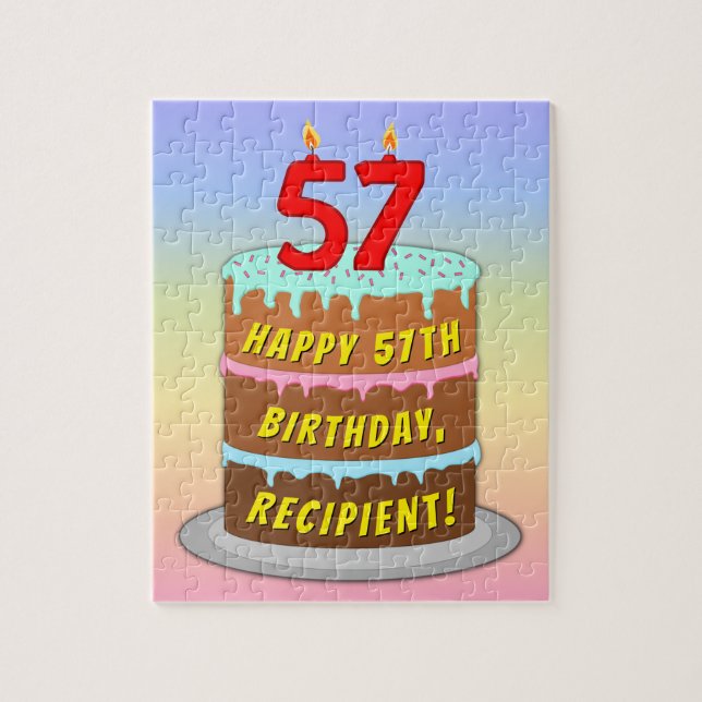 57th Birthday: Fun Cake and Candles + Custom Name Jigsaw Puzzle (Vertical)