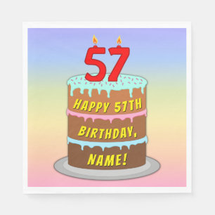 57th Birthday: Fun Cake and Candles + Custom Name Napkin