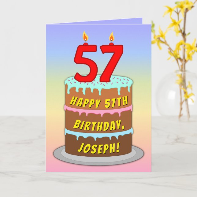 57th Birthday — Fun Cake & Candles, w/ Custom Name Card (Yellow Flower)