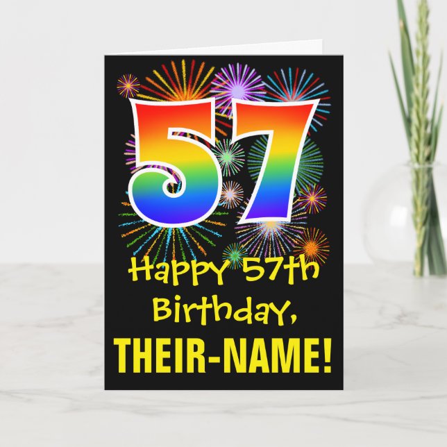 57th Birthday: Fun Fireworks Pattern + Rainbow 57 Card (Front)