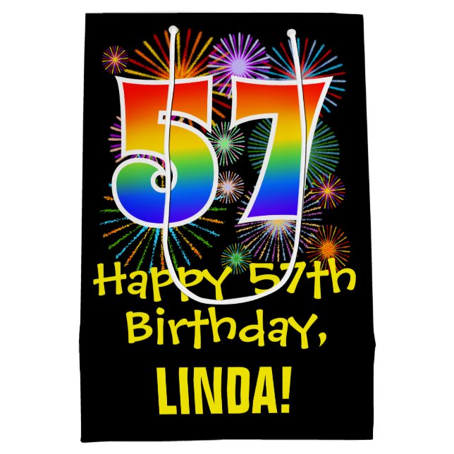 57th Birthday: Fun Fireworks Pattern + Rainbow 57 Medium Gift Bag (Back)