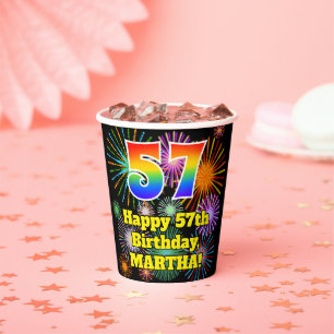 57th Birthday: Fun Fireworks Pattern + Rainbow 57 Paper Cups