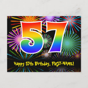 57th Birthday – Fun Fireworks Pattern + Rainbow 57 Postcard