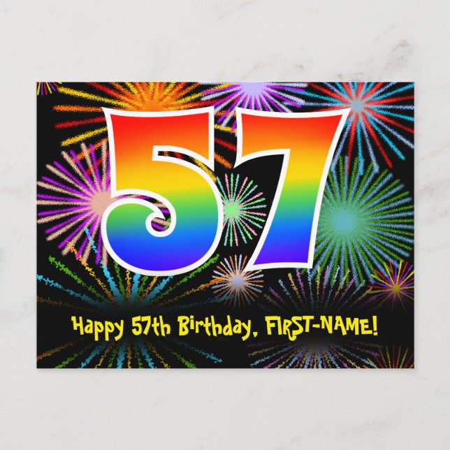 57th Birthday – Fun Fireworks Pattern + Rainbow 57 Postcard (Front)