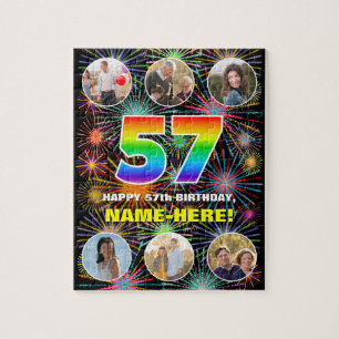 57th Birthday: Fun Rainbow #, Custom Name + Photos Jigsaw Puzzle