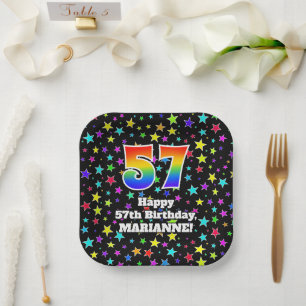 57th Birthday: Fun Stars Pattern and Rainbow “57” Paper Plate