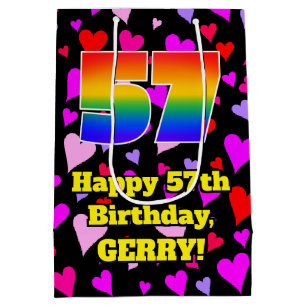 57th Birthday: Loving Hearts Pattern, Rainbow # 57 Medium Gift Bag