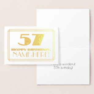 57th Birthday; Name + Art Deco Inspired Look "57" Foil Card