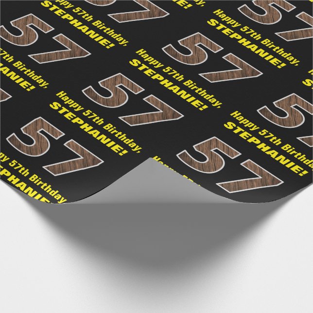 57th Birthday: Name & Faux Wood Grain Pattern "57" Wrapping Paper (Corner)