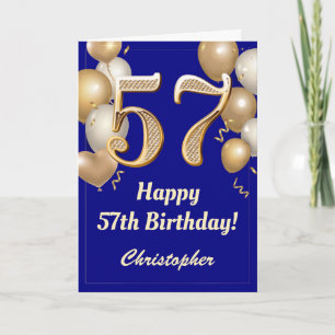 57th Birthday Navy Blue and Gold Balloons Confetti Card