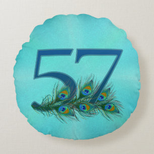 57th Birthday Or Anniversary Peacock Feather Round Pillow
