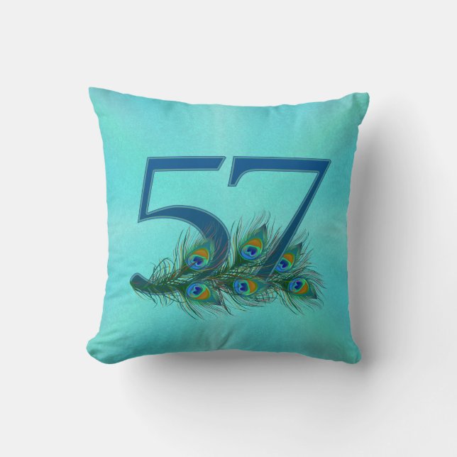 57th Birthday Or Anniversary Peacock Feather Throw Pillow (Front)