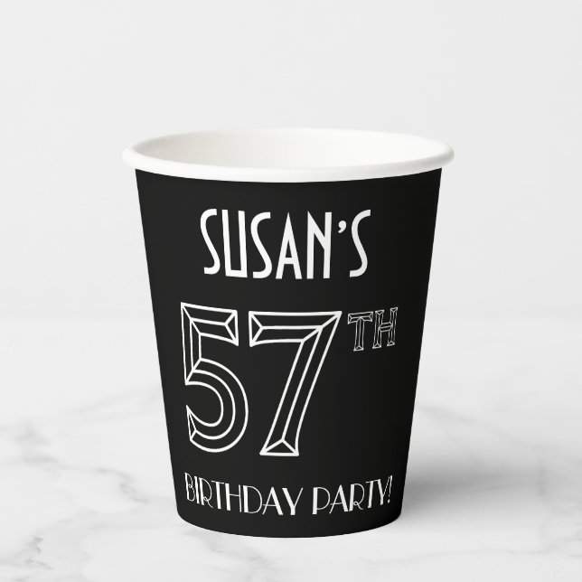 57th Birthday Party: Art Deco Style + Custom Name Paper Cups (Front)