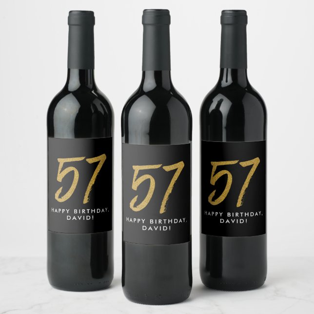 57th birthday party black gold favour wine label (Bottles)