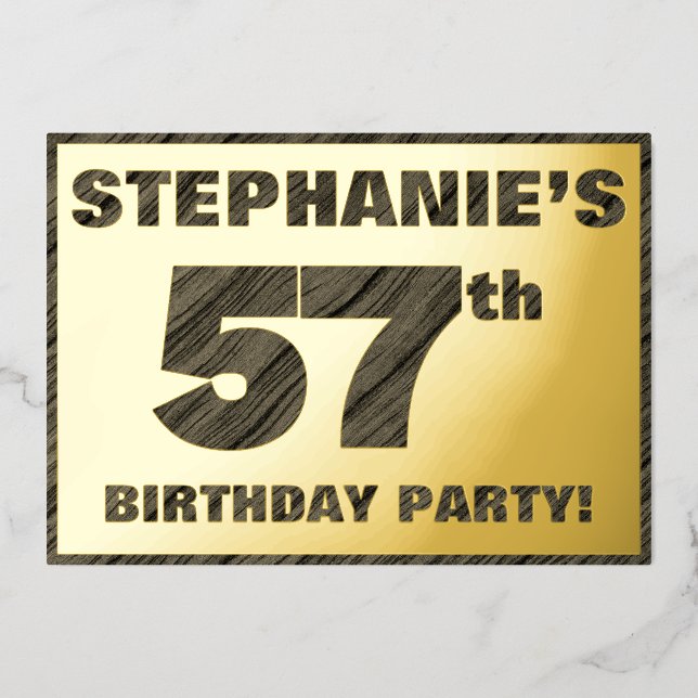 57th Birthday Party — Bold, Faux Wood Grain Text (Front)