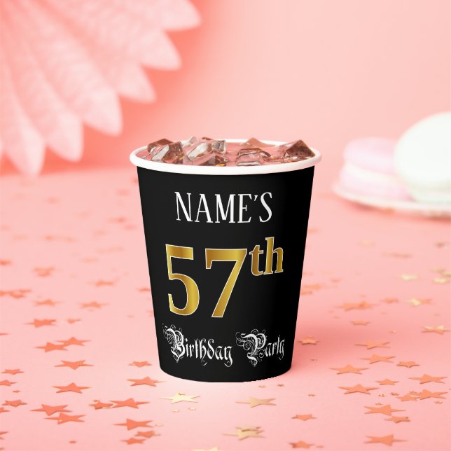 57th Birthday Party — Fancy Script, Faux Gold Look Paper Cups (Insitu)