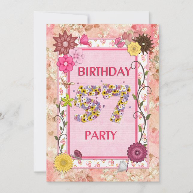 57th birthday party invitation with floral frame (Front)