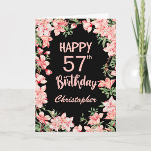 57th Birthday Pink Peach Watercolor Floral Black Card