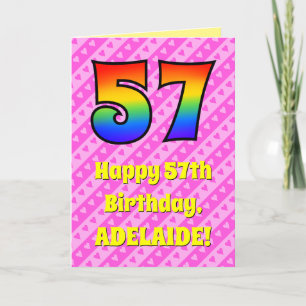 57th Birthday: Pink Stripes & Hearts, Rainbow # 57 Card