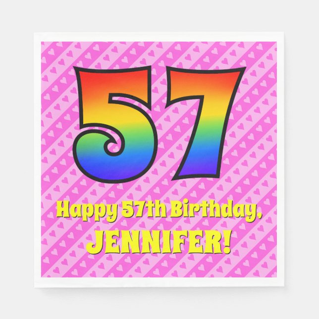 57th Birthday: Pink Stripes & Hearts, Rainbow # 57 Napkin (Front)