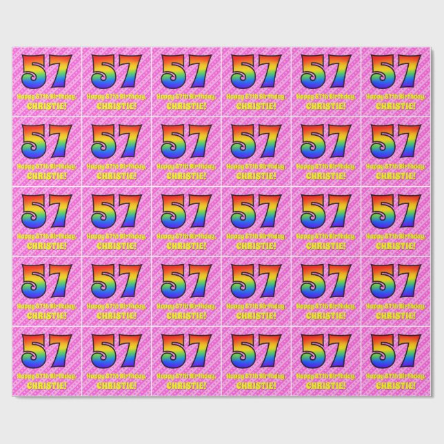 57th Birthday: Pink Stripes & Hearts, Rainbow # 57 Wrapping Paper (Flat)