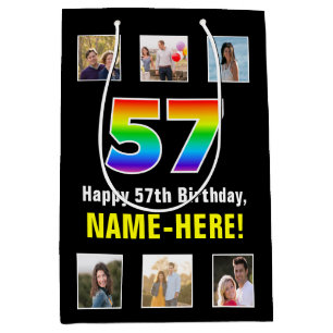 57th Birthday: Rainbow “57“, Custom Photos & Name Medium Gift Bag