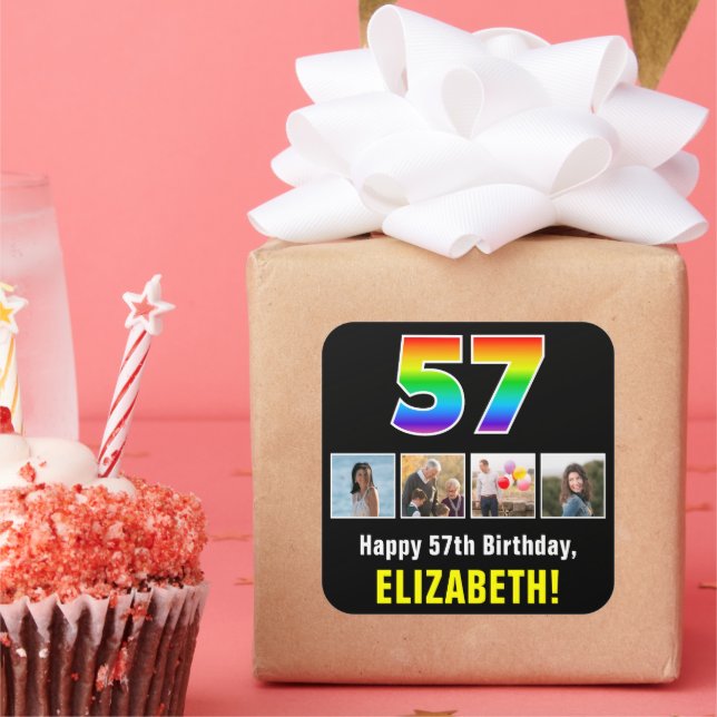 57th Birthday: Rainbow “57”; Custom Photos & Name Square Sticker (Party)