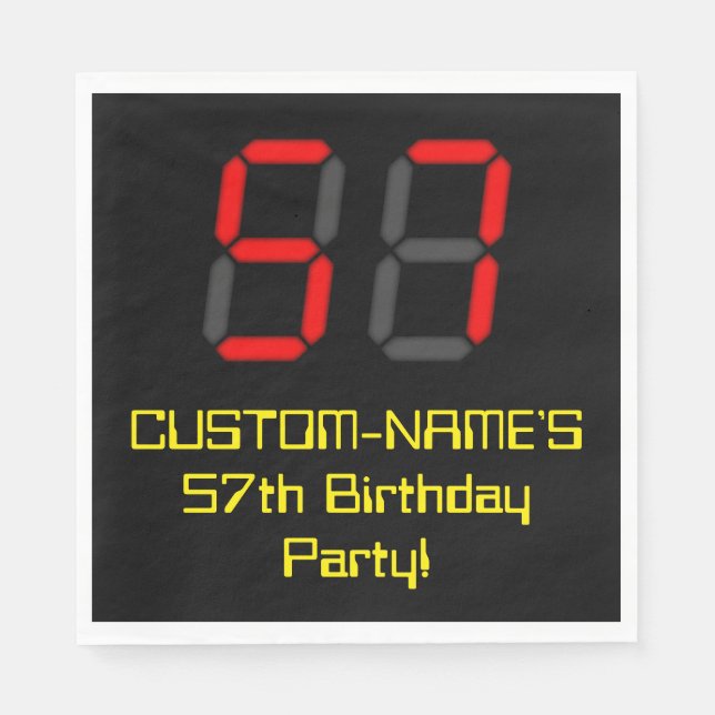 57th Birthday: Red Digital Clock Style "57" + Name Napkin (Front)