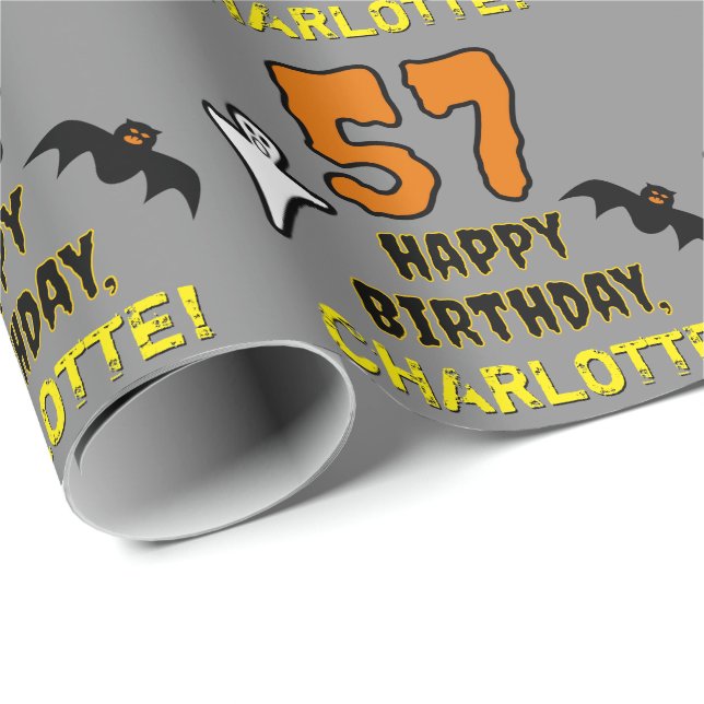 57th Birthday: Spooky Halloween Theme, Custom Name Wrapping Paper (Roll Corner)